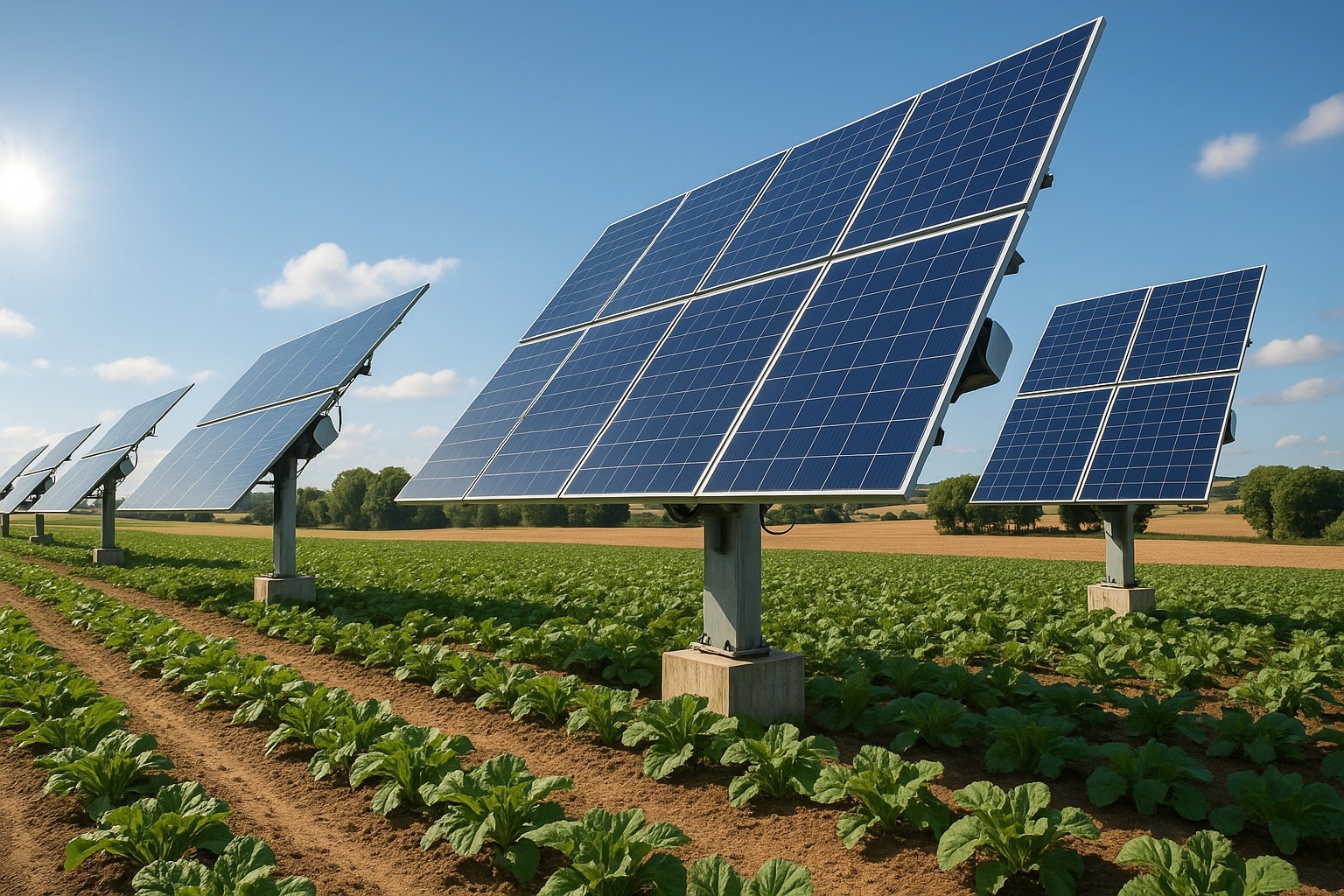 Installation agrivoltaïque moderne dans un champ cultivé, avec des trackers solaires à deux axes orientés vers le soleil.