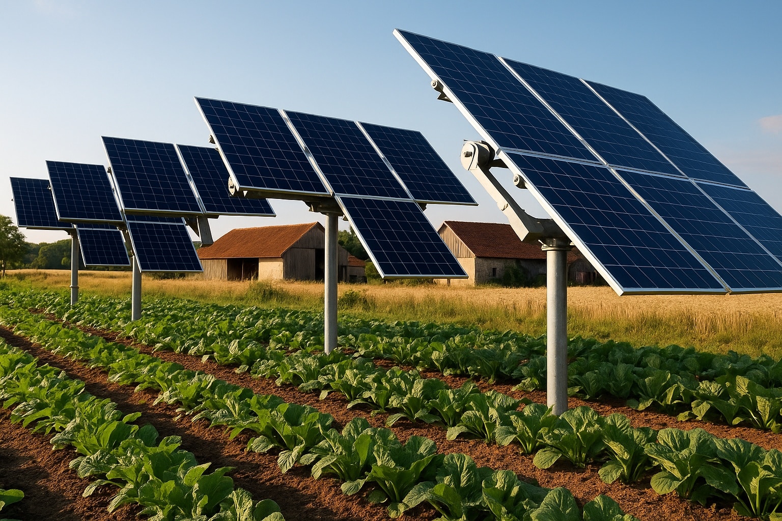 Trackers solaires orientables installés au-dessus de cultures maraîchères dans une ferme rurale.