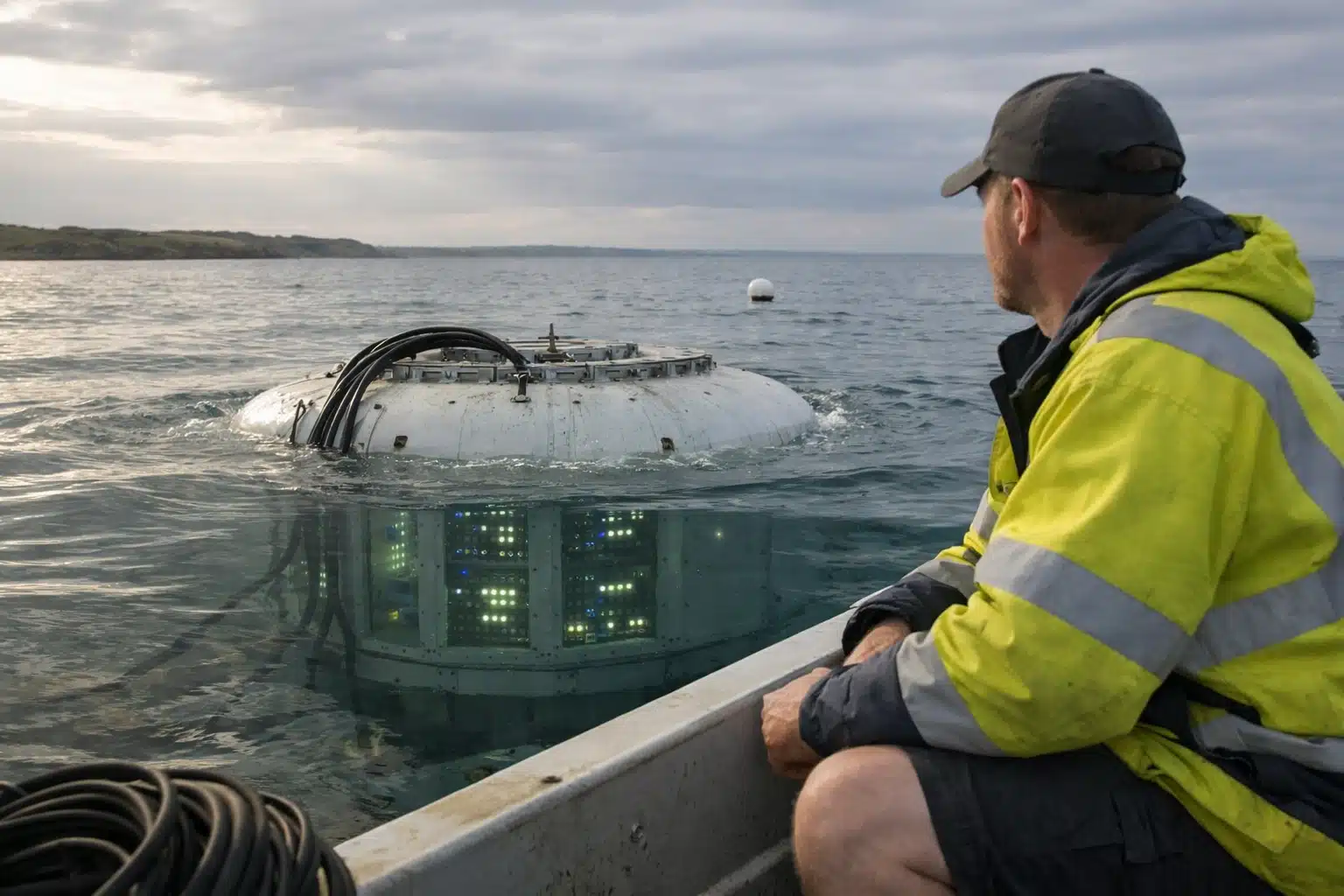 Personne en veste haute visibilité regardant un dôme sous-marin lumineux