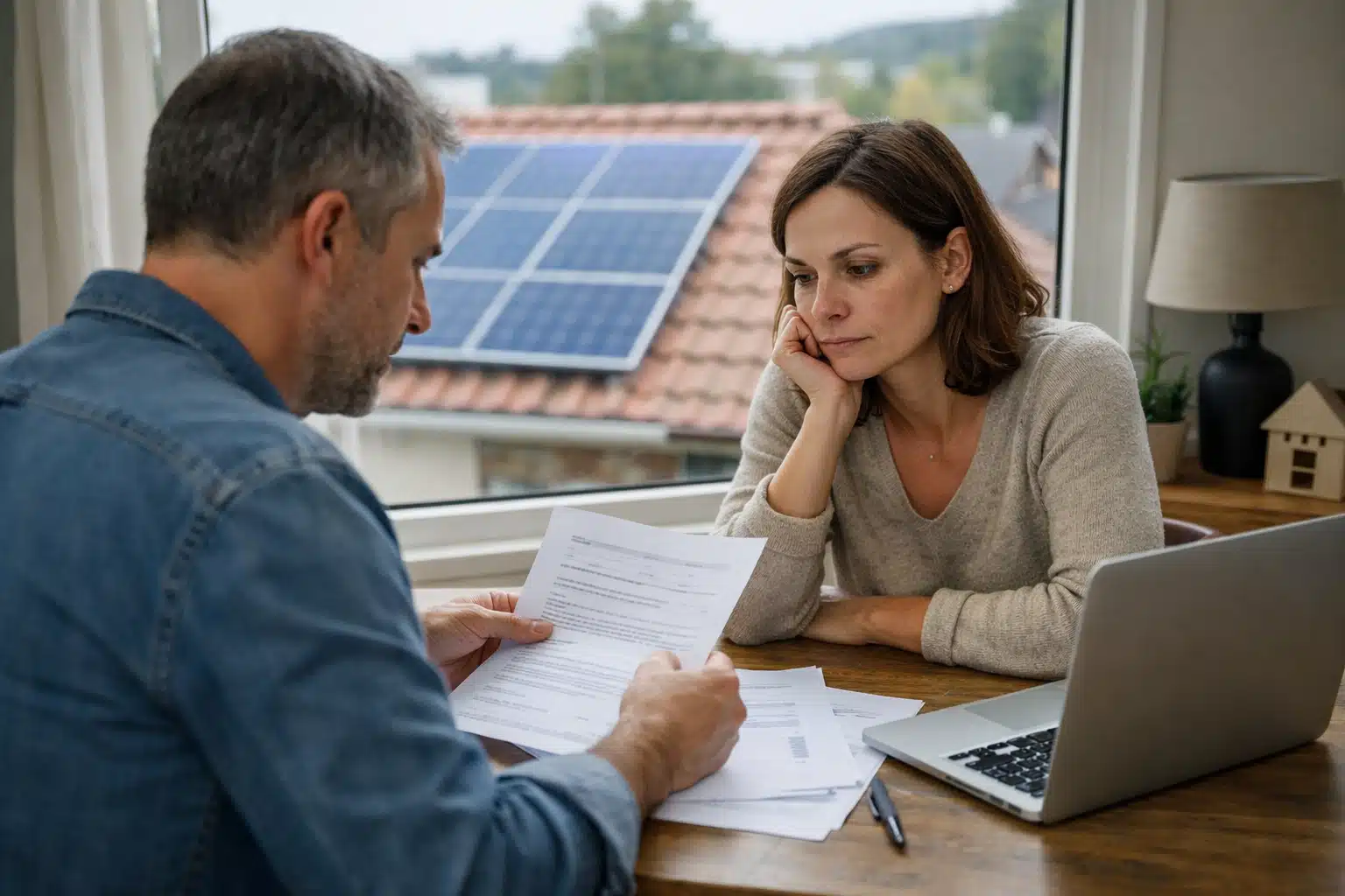 Couple examinant factures devant panneaux solaires