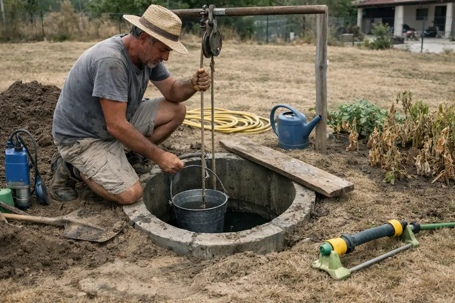 Homme puisant de l'eau dans un puits