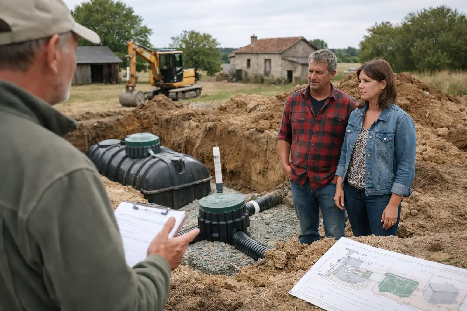 Couple observant l'installation d'une fosse septique