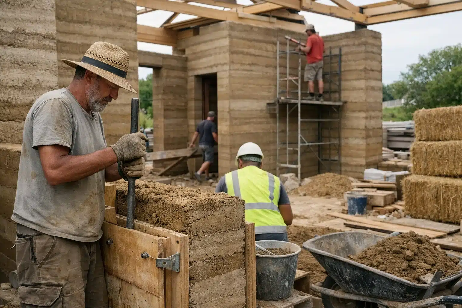 Ouvriers construisant des murs en terre crue