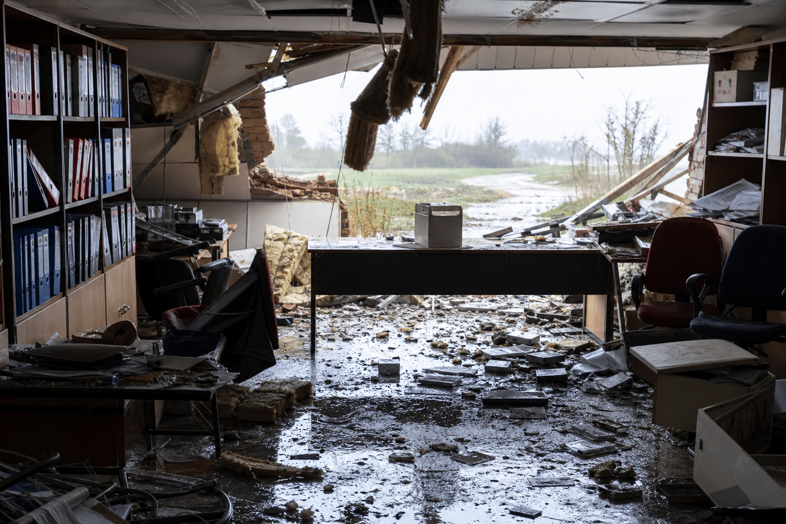 Intérieur de garage inondé, débris éparpillés