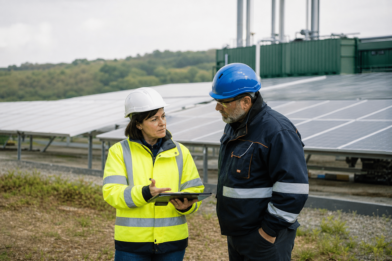 Technicienne et technicien discutant devant panneaux solaires