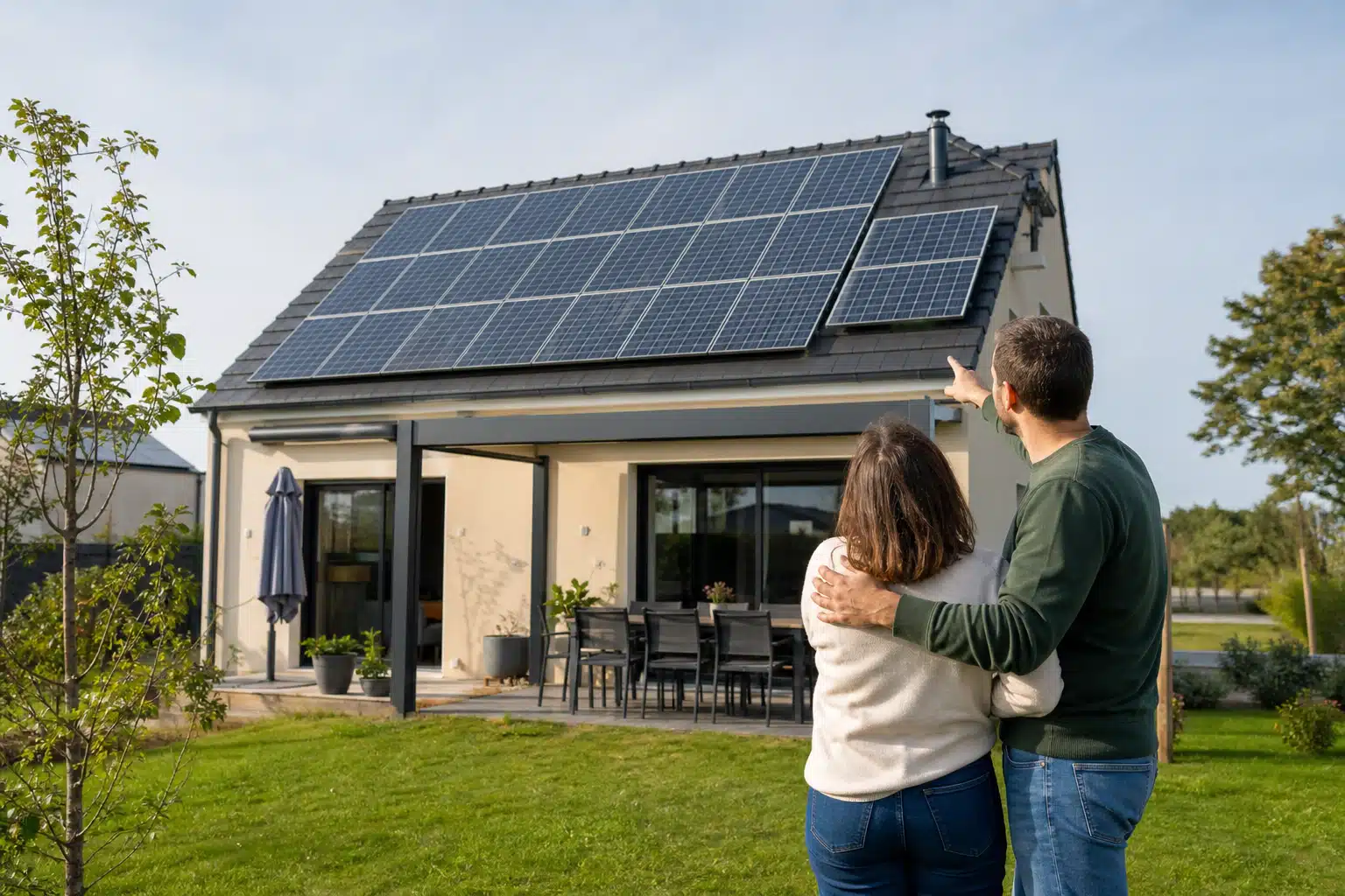 Couple observant une maison équipée de panneaux solaires
